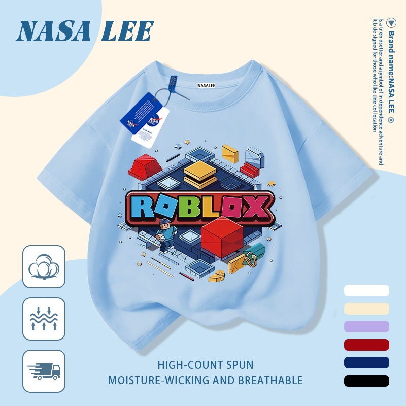 [Giao hàng trong ngày] Áo thun Cotton nguyên chất màu xanh hải quân cho trẻ em NASA Áo thun Cotton thoáng khí hoạt hình dễ thương in hợp thời trang 3-16 tuổi bé trai bé gái tay ngắn thông thường