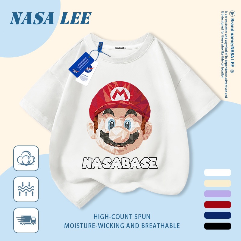 [Giao hàng trong ngày] Áo thun Cotton nguyên chất màu trắng cho trẻ em NASA Phim hoạt hình Mũ hợp thời trang dễ thương In hình công nhân ống 3-16 tuổi Bé trai bé gái tay ngắn thông thường
