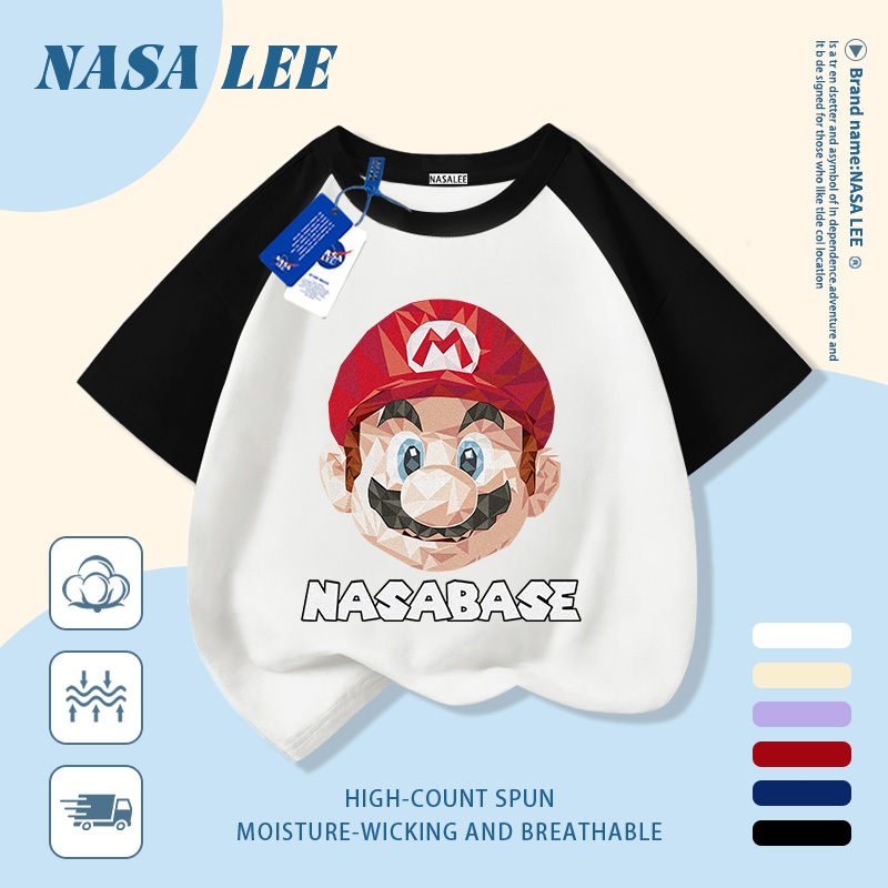 [Giao hàng trong ngày] Áo thun Cotton nguyên chất màu trắng cho trẻ em NASA Phim hoạt hình Mũ hợp thời trang dễ thương In hình công nhân ống 3-16 tuổi Bé trai bé gái tay ngắn thông thường