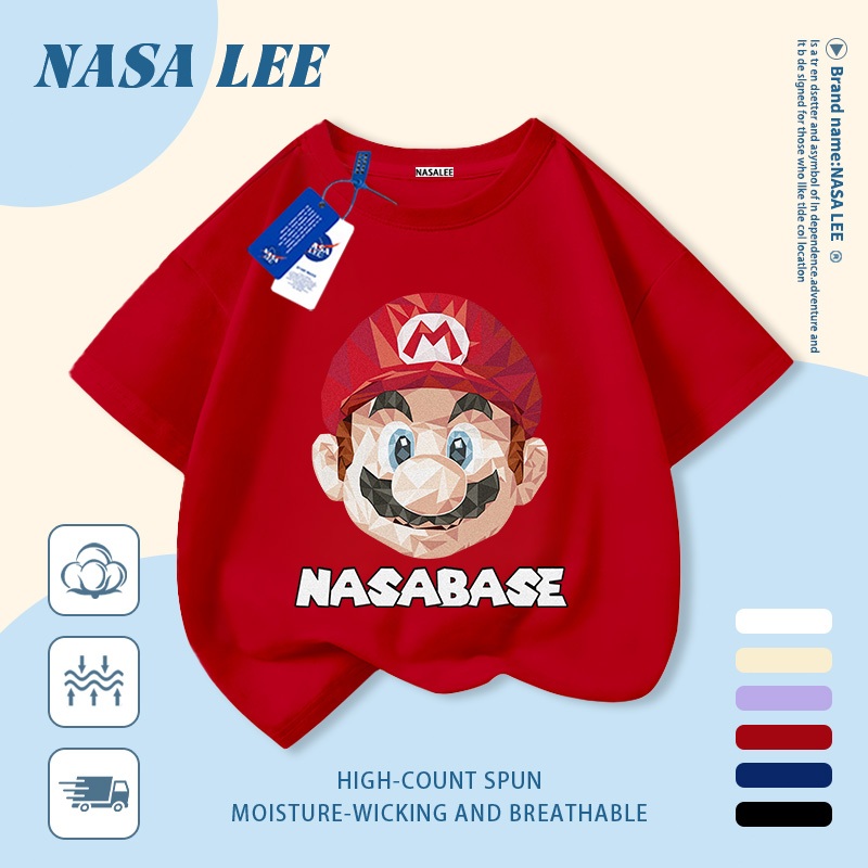 [Giao hàng trong ngày] Áo thun Cotton nguyên chất màu trắng cho trẻ em NASA Phim hoạt hình Mũ hợp thời trang dễ thương In hình công nhân ống 3-16 tuổi Bé trai bé gái tay ngắn thông thường