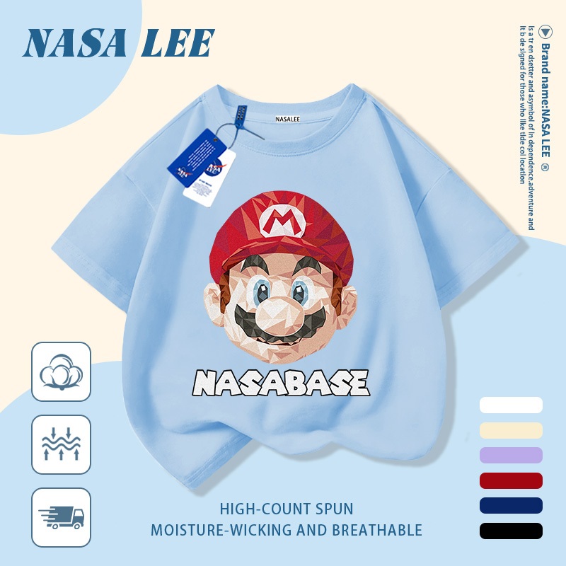 [Giao hàng trong ngày] Áo thun Cotton nguyên chất màu trắng cho trẻ em NASA Phim hoạt hình Mũ hợp thời trang dễ thương In hình công nhân ống 3-16 tuổi Bé trai bé gái tay ngắn thông thường