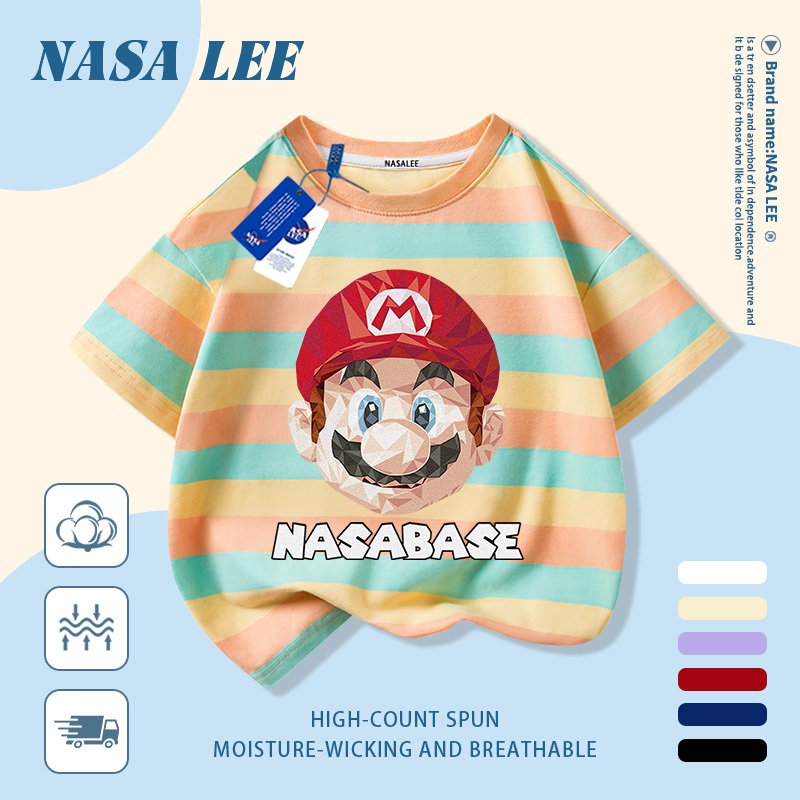 [Giao hàng trong ngày] Áo thun Cotton nguyên chất màu trắng cho trẻ em NASA Phim hoạt hình Mũ hợp thời trang dễ thương In hình công nhân ống 3-16 tuổi Bé trai bé gái tay ngắn thông thường