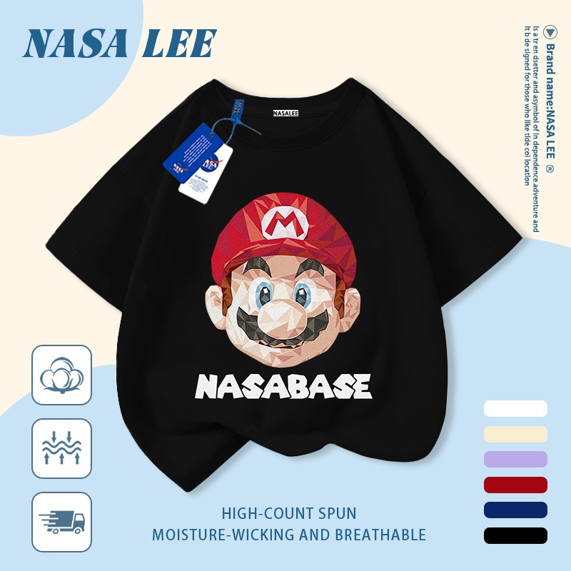 [Giao hàng trong ngày] Áo thun Cotton nguyên chất màu trắng cho trẻ em NASA Phim hoạt hình Mũ hợp thời trang dễ thương In hình công nhân ống 3-16 tuổi Bé trai bé gái tay ngắn thông thường