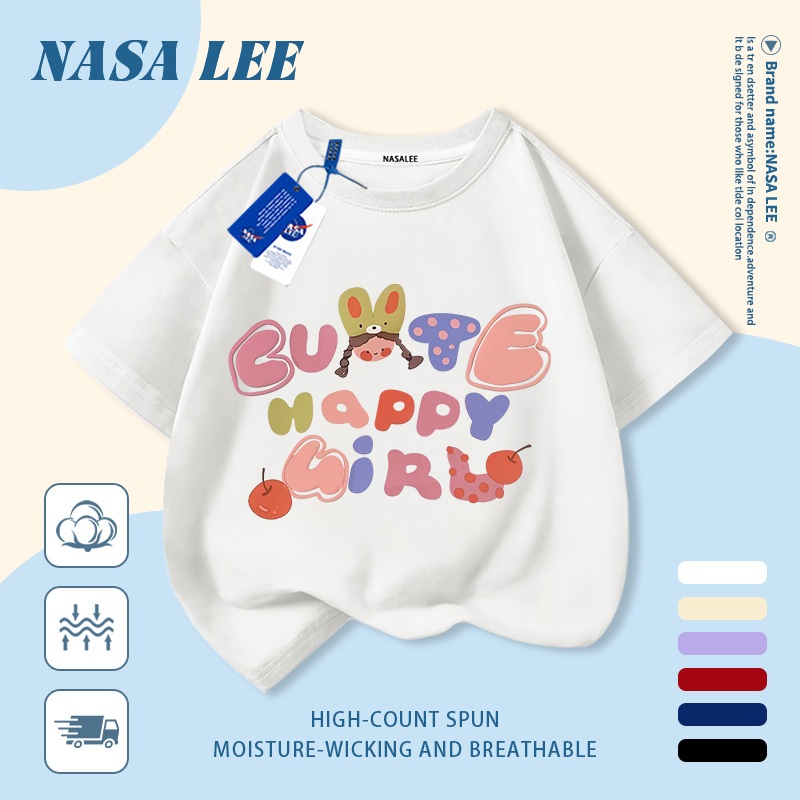 [Giao hàng trong ngày] Áo thun Cotton nguyên chất màu trắng cho trẻ em NASA Phim hoạt hình dễ thương In chữ ngộ nghĩnh dễ thương 3-16 tuổi Bé trai bé gái tay ngắn thông thường