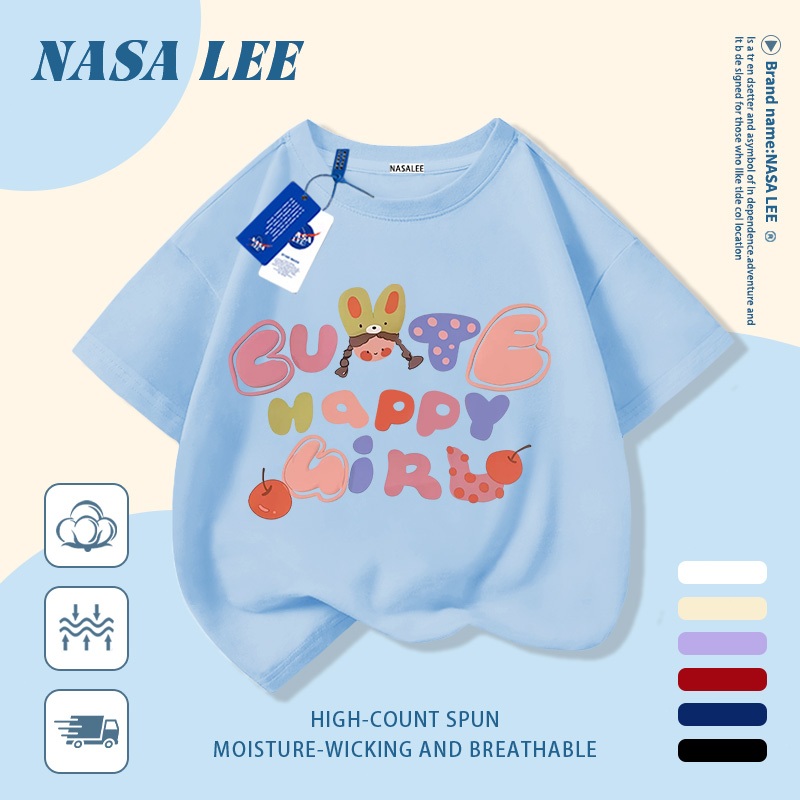 [Giao hàng trong ngày] Áo thun Cotton nguyên chất màu trắng cho trẻ em NASA Phim hoạt hình dễ thương In chữ ngộ nghĩnh dễ thương 3-16 tuổi Bé trai bé gái tay ngắn thông thường
