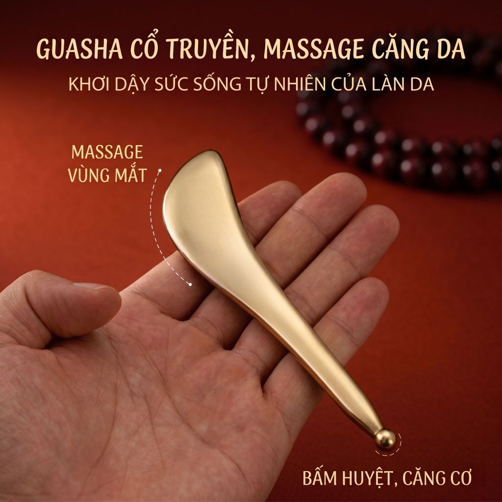 Đồng thau nguyên chất Gua Sha máy massage mặt, trị quầng thâm và bọng mắt, dụng cụ làm đẹp bấm huyệt bằng kim loại.