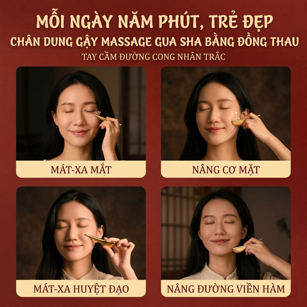 Đồng thau nguyên chất Gua Sha máy massage mặt, trị quầng thâm và bọng mắt, dụng cụ làm đẹp bấm huyệt bằng kim loại.