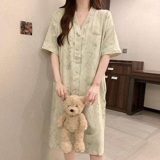 【Vải cotton nguyên chất, có mút ngực】Váy ngủ dài tay ngắn mùa hè cho nữ / Đồ mặc nhà phong cách thời trang thanh lịch