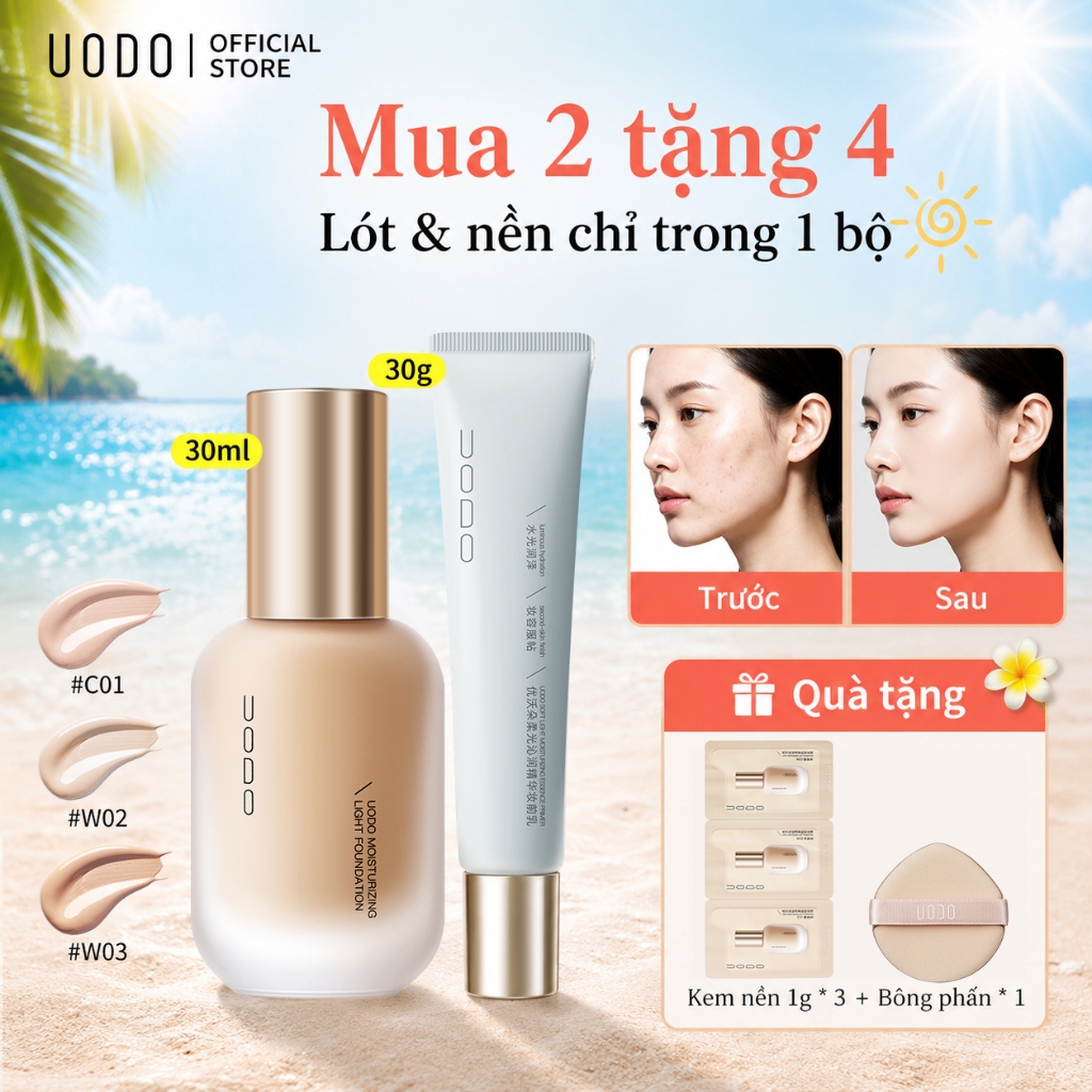 [MUA 2 TẶNG 4] [Combo trang điểm cơ bản] UODO Foundation và Primer Flawless Base Makeup 24h Chống nhòe