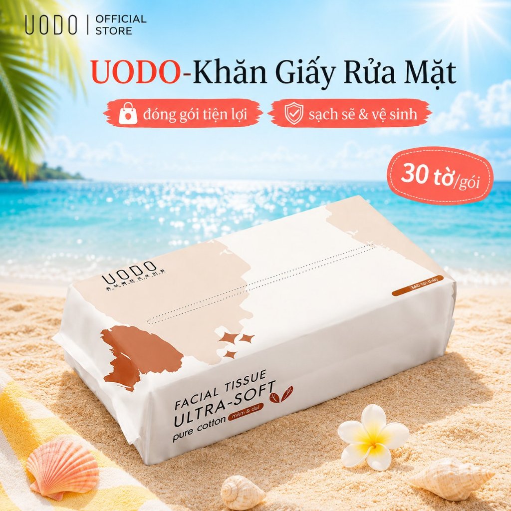 UODO Khăn Giấy Rửa Mặt Siêu Dày Mềm Mại Dùng Cả Khô Ướt Hộp 30 Miếng