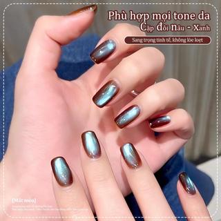 Phong cách mới Thu/Đông Sơn móng tay dạng gel mắt mèo màu nâu và xanh 2026 Mắt mèo hạt thủy tinh hai tông màu sang trọng rực rỡ và trong suốt