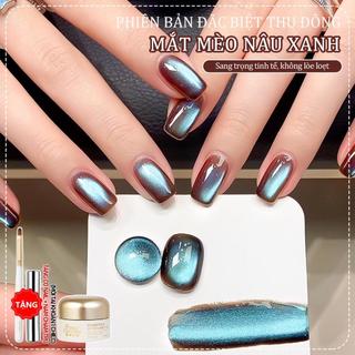 Phong cách mới Thu/Đông Sơn móng tay dạng gel mắt mèo màu nâu và xanh 2026 Mắt mèo hạt thủy tinh hai tông màu sang trọng rực rỡ và trong suốt