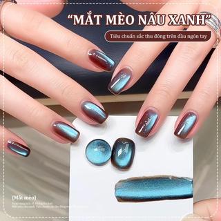 Phong cách mới Thu/Đông Sơn móng tay dạng gel mắt mèo màu nâu và xanh 2026 Mắt mèo hạt thủy tinh hai tông màu sang trọng rực rỡ và trong suốt