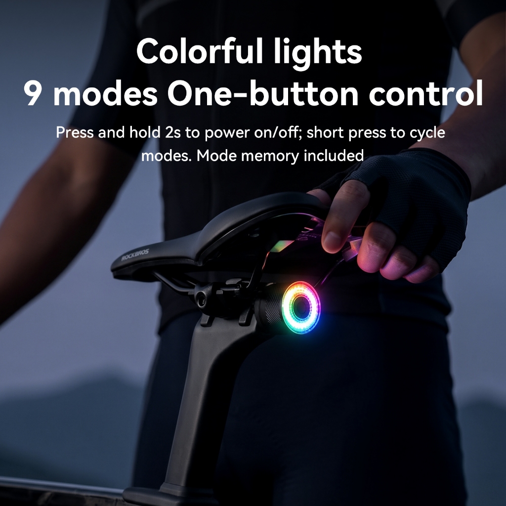 ROCKBROS Đèn Đuôi Xe Đạp Đèn Thông Minh 9 Chế Độ 7 Đèn LED Nhiều Màu Sắc Đi Đêm Cảm Biến Phanh An Toàn MTB Xe Đạp Gấp Đường