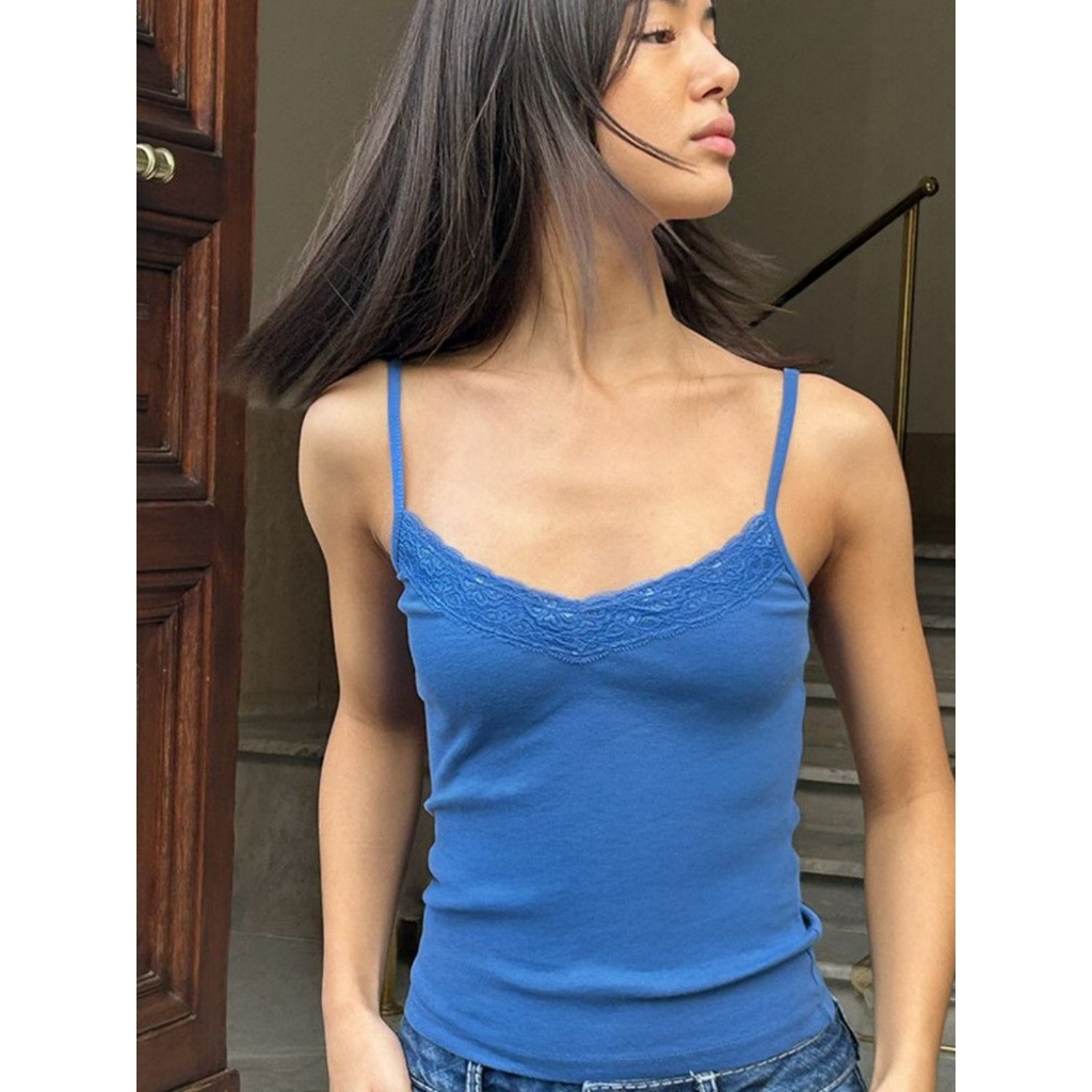 [BANKO] Phiên bản Hàn Quốc dành cho nữ Mùa hè Phong cách mới Slim-fit Slimmer Look Blue Lace Edge Camisole