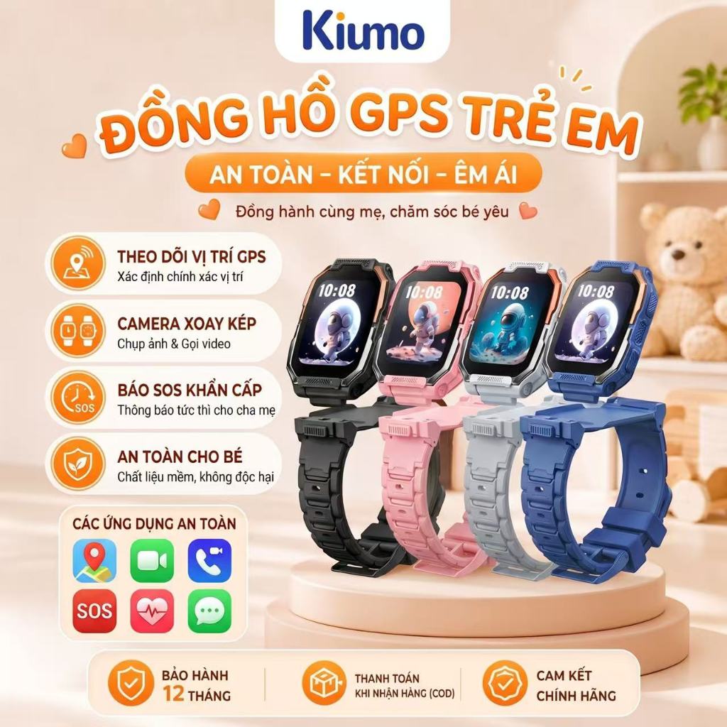Kiumo Đồng Hồ Trẻ Em 4G GPS SOS Video HD Camera Kép Chống Nước Theo Dõi Sức Khỏe Cho Bé Trai Và Bé Gái 6-18 Tuổi