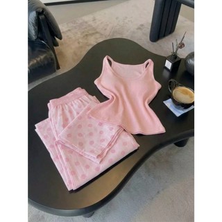 Áo vest màu hồng và dịu dàng có đệm ngực đồ ngủ nữ quần chấm bi bộ đồ gia đình