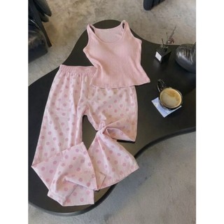 Áo vest màu hồng và dịu dàng có đệm ngực đồ ngủ nữ quần chấm bi bộ đồ gia đình