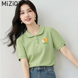 【MIZIQI]】Áo Polo Cổ Búp Bê Nữ, Áo Thun Nữ Tay Ngắn Cotton Nguyên Chất, Áo Rời Phong Cách Đi Lại