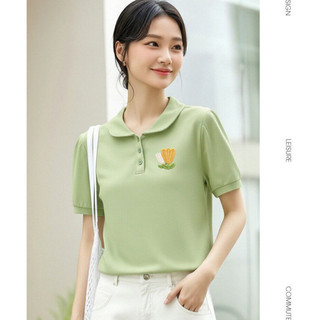 【MIZIQI]】Áo Polo Cổ Búp Bê Nữ, Áo Thun Nữ Tay Ngắn Cotton Nguyên Chất, Áo Rời Phong Cách Đi Lại
