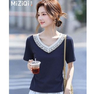 [MIZIQI] Áo thun ngắn tay cổ chữ U viền ren dành cho nữ, Áo thun nữ viền không đều mùa hè