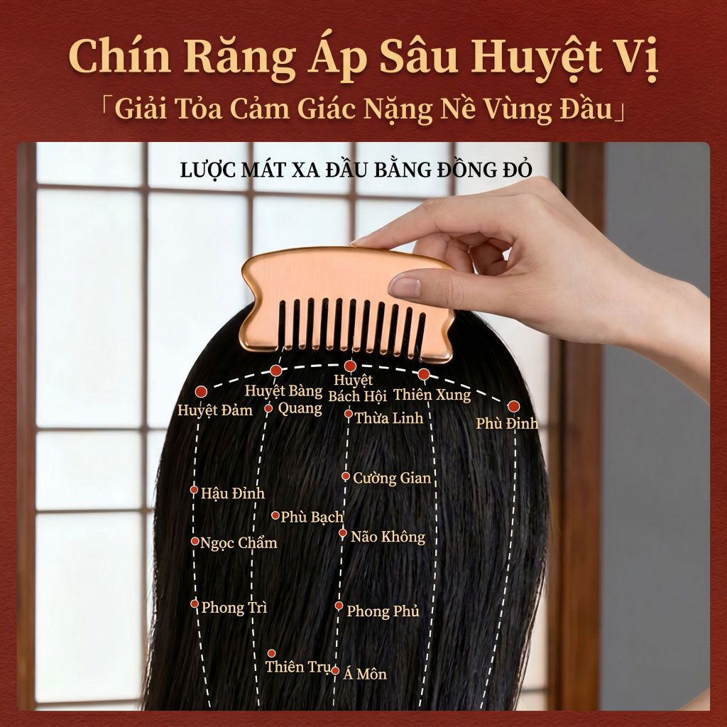 Lược chín răng bằng đồng đỏ — Lược massage bằng đồng đỏ nguyên chất, thông kinh lạc vùng đầu, massage, chải tóc suôn mượt, chăm sóc da đầu, massage mặt, làm đẹp da mặt.