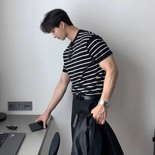 Nhật Bản Retro Sọc Ngắn Tay Mùa Hè Dạo Phố Rời Cổ Tròn Nửa Tay Áo Thun Mỹ Top Áo Thun