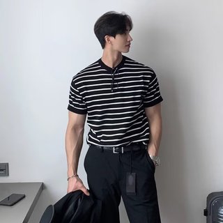 Nhật Bản Retro Sọc Ngắn Tay Mùa Hè Dạo Phố Rời Cổ Tròn Nửa Tay Áo Thun Mỹ Top Áo Thun