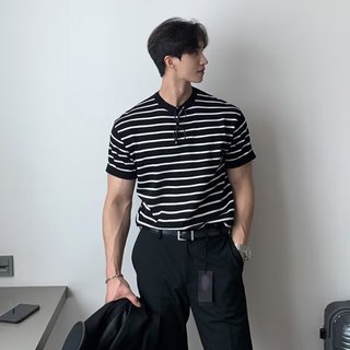 Nhật Bản Retro Sọc Ngắn Tay Mùa Hè Dạo Phố Rời Cổ Tròn Nửa Tay Áo Thun Mỹ Top Áo Thun