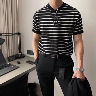 Nhật Bản Retro Sọc Ngắn Tay Mùa Hè Dạo Phố Rời Cổ Tròn Nửa Tay Áo Thun Mỹ Top Áo Thun