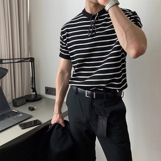 Nhật Bản Retro Sọc Ngắn Tay Mùa Hè Dạo Phố Rời Cổ Tròn Nửa Tay Áo Thun Mỹ Top Áo Thun