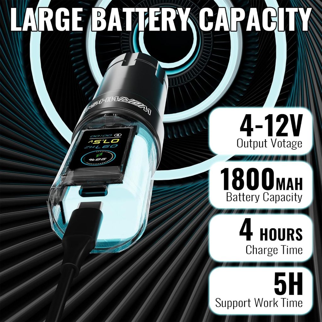 1800 mAh, 8000 vòng / phút, bút xăm không dây du lịch có thể điều chỉnh, 2,4-4,2 mm, 1-60 kim / chế độ chấm thứ hai, máy xăm rung thấp
