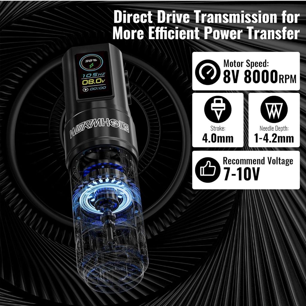 1800 mAh, 8000 vòng / phút, bút xăm không dây du lịch có thể điều chỉnh, 2,4-4,2 mm, 1-60 kim / chế độ chấm thứ hai, máy xăm rung thấp