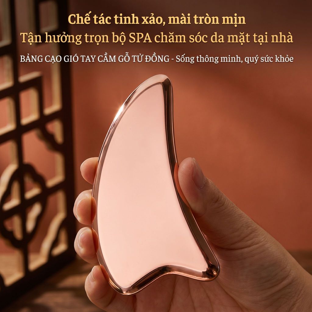 ảng cạo gió làm đẹp da mặt bằng đồng đỏ — Chế tác hoàn toàn từ đồng đỏ nguyên chất, làm đẹp da mặt, nâng cơ mặt, làm mờ nếp nhăn, thẩm thấu nhanh.