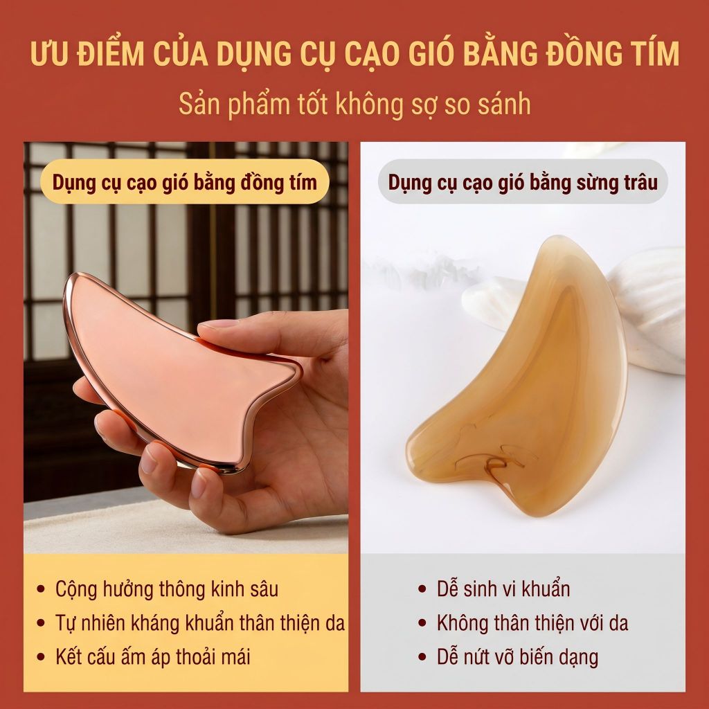 ảng cạo gió làm đẹp da mặt bằng đồng đỏ — Chế tác hoàn toàn từ đồng đỏ nguyên chất, làm đẹp da mặt, nâng cơ mặt, làm mờ nếp nhăn, thẩm thấu nhanh.