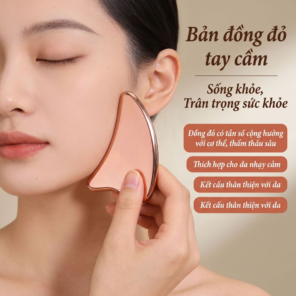 ảng cạo gió làm đẹp da mặt bằng đồng đỏ — Chế tác hoàn toàn từ đồng đỏ nguyên chất, làm đẹp da mặt, nâng cơ mặt, làm mờ nếp nhăn, thẩm thấu nhanh.