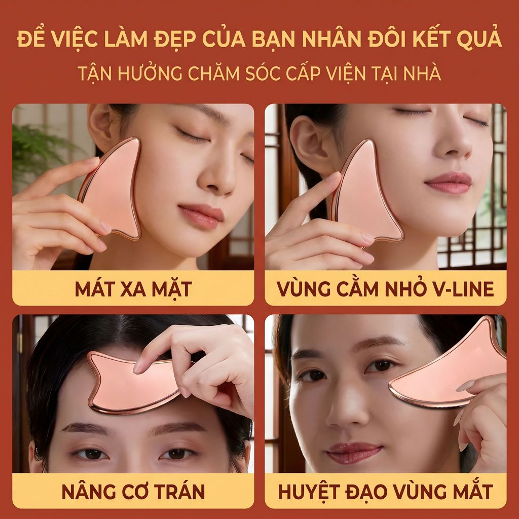 ảng cạo gió làm đẹp da mặt bằng đồng đỏ — Chế tác hoàn toàn từ đồng đỏ nguyên chất, làm đẹp da mặt, nâng cơ mặt, làm mờ nếp nhăn, thẩm thấu nhanh.
