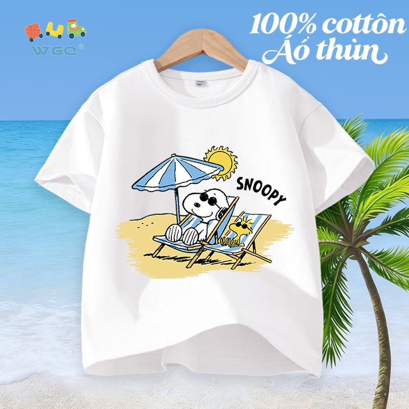 W.G.Q Áo thun bé trai，vải 100% Cotton in hình SNOOPY，mềm mại thoải mái，thấm mồ hôi thoáng khí，bán chạy mùa hè