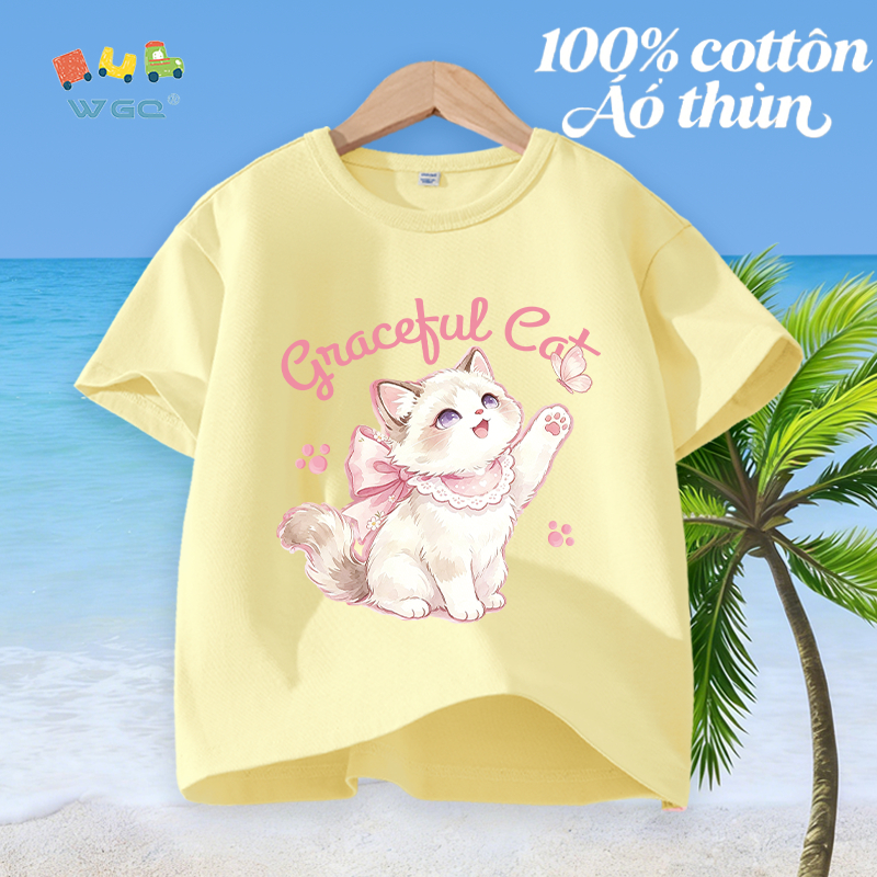 W.G.Q Áo thun bé gái，vải 100% Cotton in hình mèo con，mềm mại thoải mái，thấm mồ hôi thoáng khí，phong cách bán chạy mùa hè