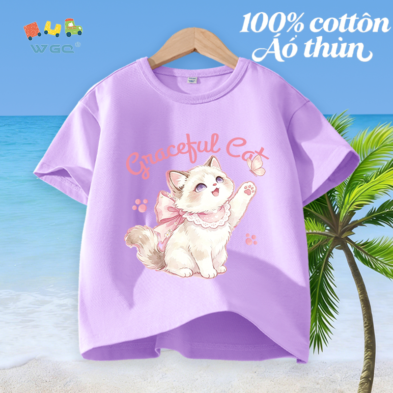 W.G.Q Áo thun bé gái，vải 100% Cotton in hình mèo con，mềm mại thoải mái，thấm mồ hôi thoáng khí，phong cách bán chạy mùa hè