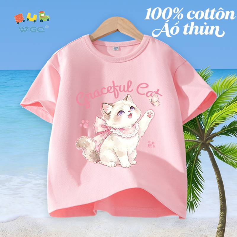 W.G.Q Áo thun bé gái，vải 100% Cotton in hình mèo con，mềm mại thoải mái，thấm mồ hôi thoáng khí，phong cách bán chạy mùa hè