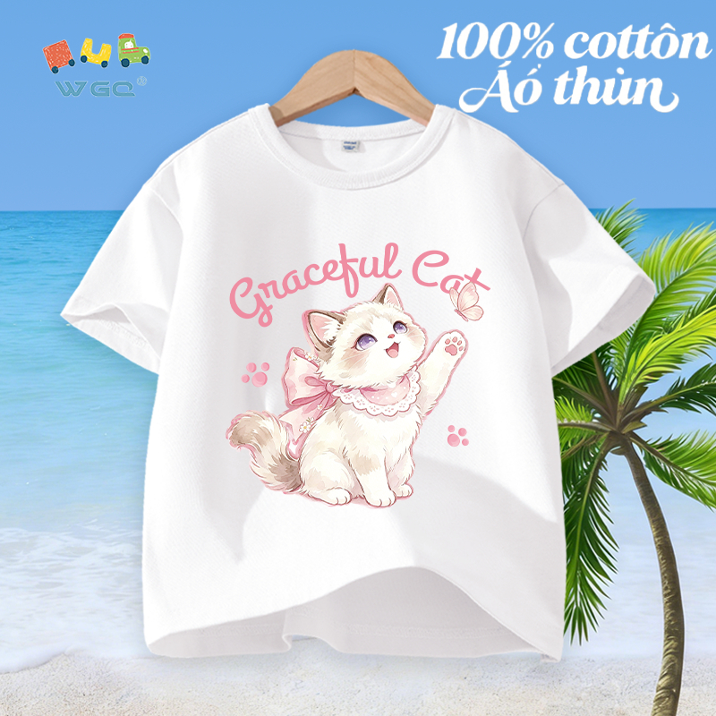 W.G.Q Áo thun bé gái，vải 100% Cotton in hình mèo con，mềm mại thoải mái，thấm mồ hôi thoáng khí，phong cách bán chạy mùa hè