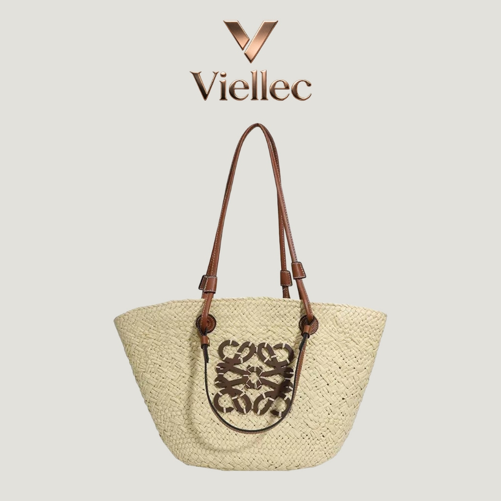 Viellec Túi tote dệt tay đeo vai, túi rơm mây, đi biển kỳ nghỉ