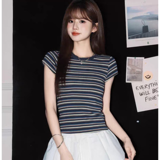 Áo thun ngắn tay sọc nữ | Áo cổ tròn thông thường Slim Fit | Thời trang dạo phố Hàn Quốc