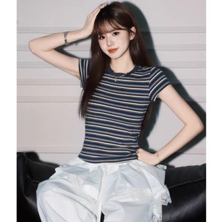 Áo thun ngắn tay sọc nữ | Áo cổ tròn thông thường Slim Fit | Thời trang dạo phố Hàn Quốc