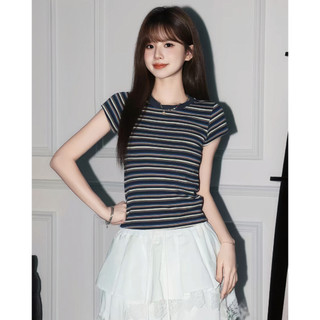 Áo thun ngắn tay sọc nữ | Áo cổ tròn thông thường Slim Fit | Thời trang dạo phố Hàn Quốc