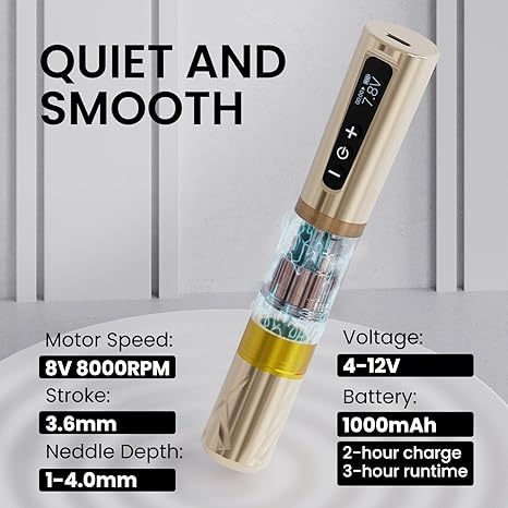 Bút xăm không dây 180° Màn hình lật, chế độ khởi động và chấm điểm, Điện áp có thể điều chỉnh 4-12V