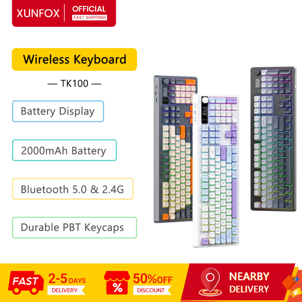 Bàn phím không dây XUNFOX TK100 Bluetooth 5.0 & 2.4G Phạm vi 10m Núm âm lượng Bàn phím chiếu sáng RGB