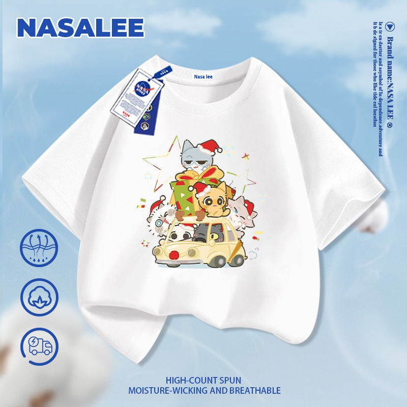 [Giao hàng trong ngày] NASA Hợp thời trang Phong cách mới Cotton nguyên chất cho trẻ em Tay ngắn thoải mái Thân thiện với da Họa tiết mèo con dễ thương