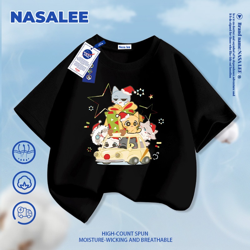 [Giao hàng trong ngày] NASA Hợp thời trang Phong cách mới Cotton nguyên chất cho trẻ em Tay ngắn thoải mái Thân thiện với da Họa tiết mèo con dễ thương